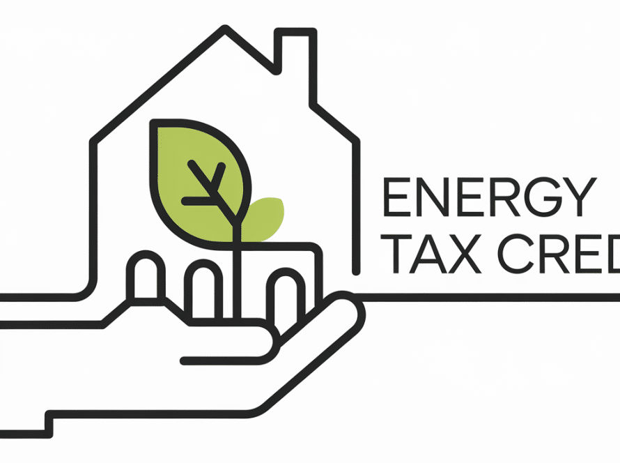A hand holding a leaf with a house in the background and the text "Energy Tax Credits.