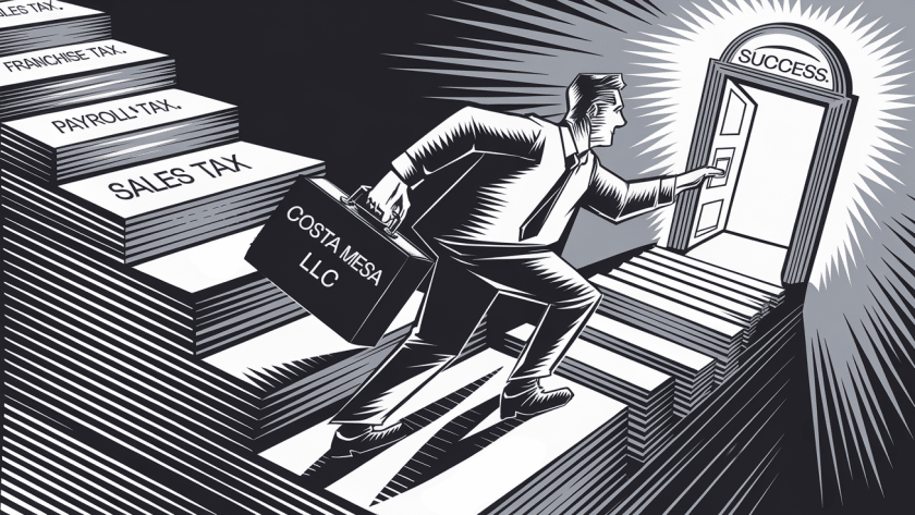 Woodcut illustration of a person climbing stairs made of tax forms towards a door labeled "Success."