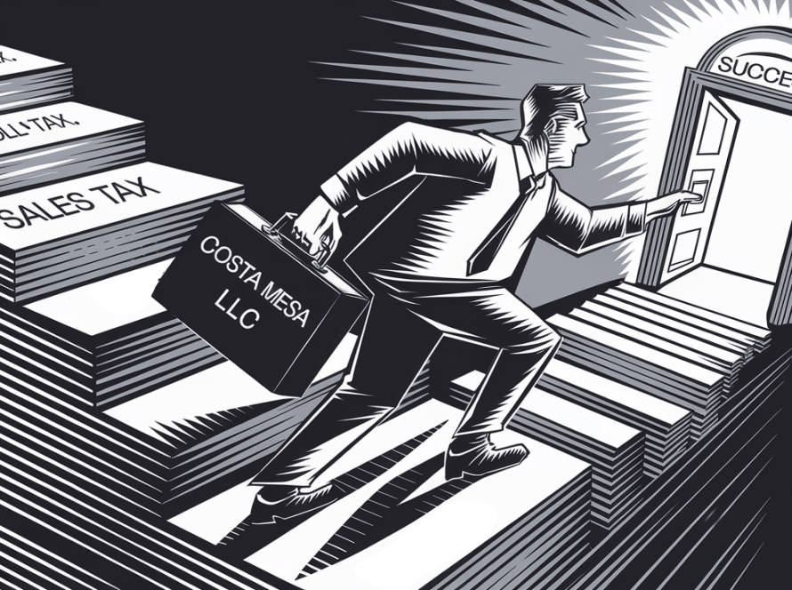 Woodcut illustration of a person climbing stairs made of tax forms towards a door labeled "Success."