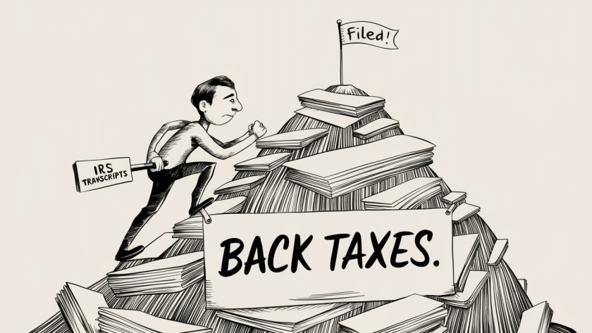 A detailed ink illustration of a person climbing a mountain of paperwork representing back taxes, with a "Filed!" flag at the summit.