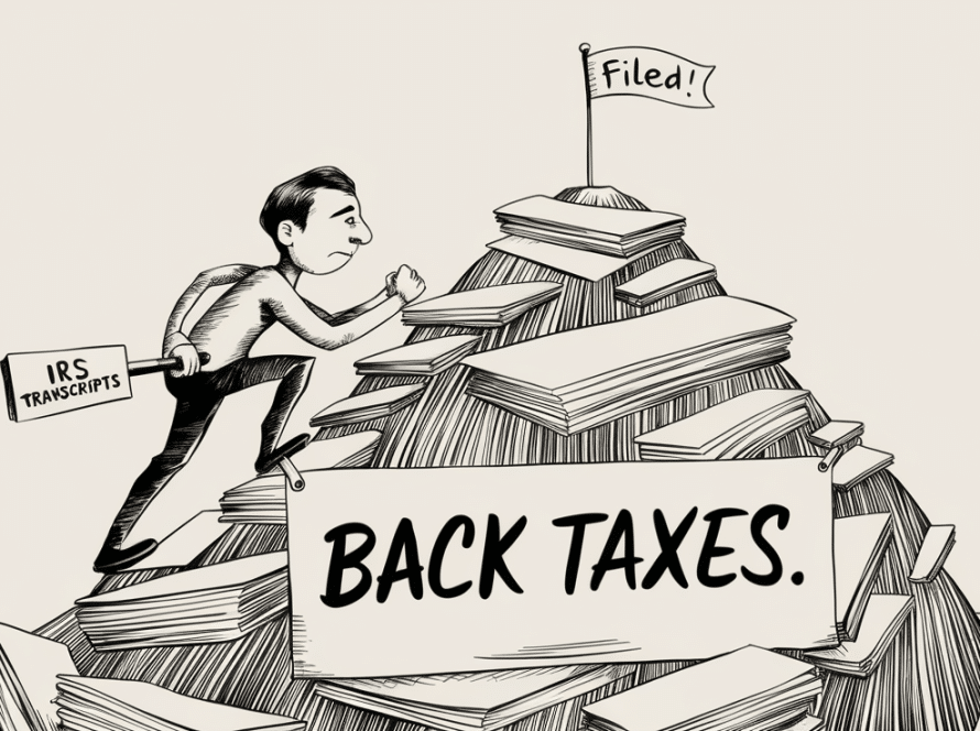 A detailed ink illustration of a person climbing a mountain of paperwork representing back taxes, with a "Filed!" flag at the summit.