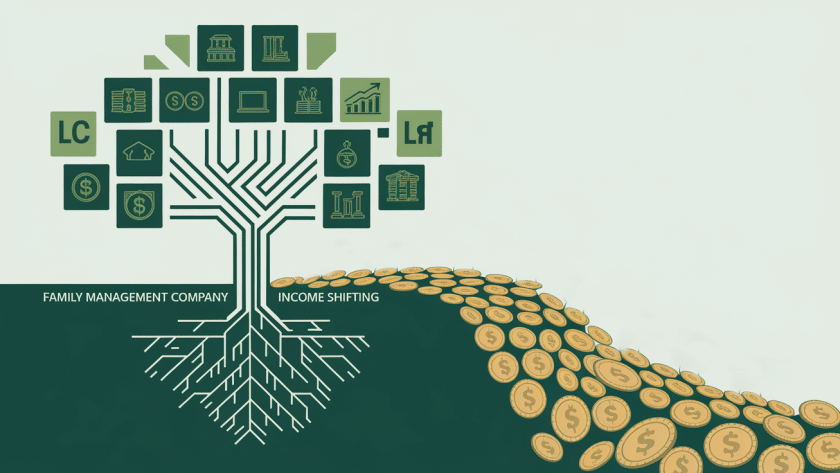 A family tree morphing into a stream of coins, representing tax optimization through a Family Management Company.
