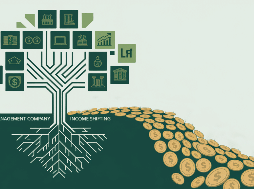 A family tree morphing into a stream of coins, representing tax optimization through a Family Management Company.