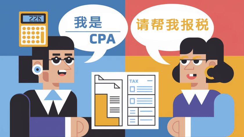 A block illustration showing a CPA and client communicating, with speech bubbles in Chinese and English.
