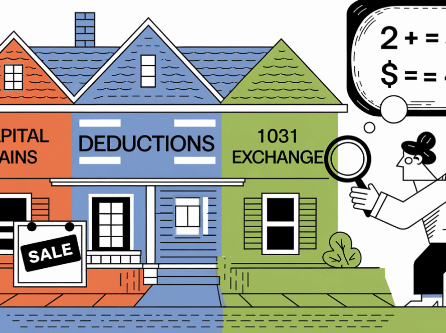 Block illustration of a house divided into sections representing tax implications of house flipping.
