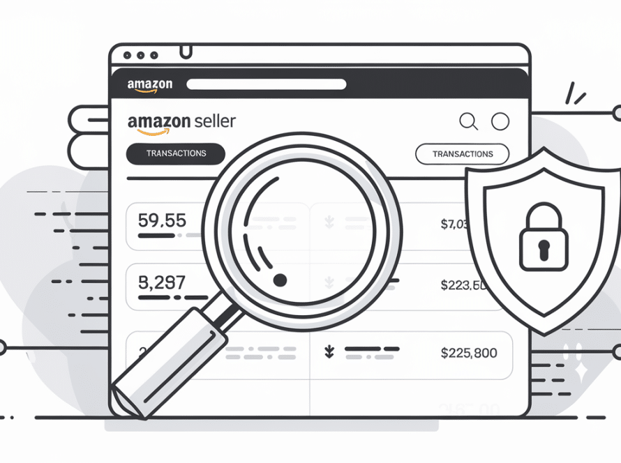 Magnifying glass inspecting Amazon seller account data with a security shield in the background.