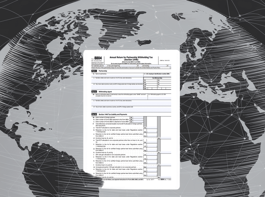 An illustration of a globe with Form 8804 superimposed, highlighting "Tax Treaties."