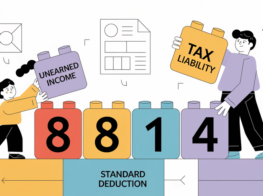 Block illustration of a parent and child building with Lego blocks that form '8814,' representing Form 8814 and the Kiddie Tax.