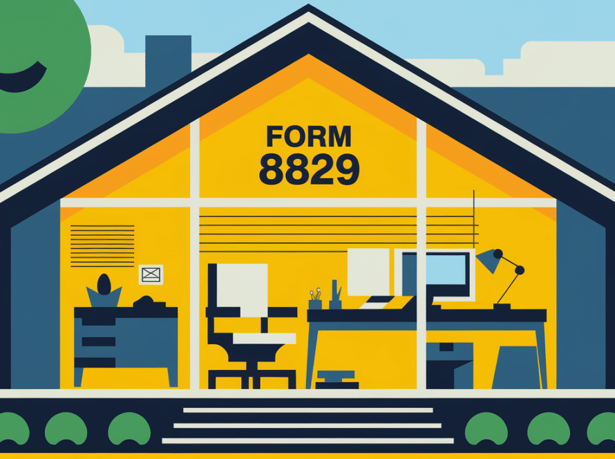 Block illustration of a house with a highlighted home office, referencing Form 8829.