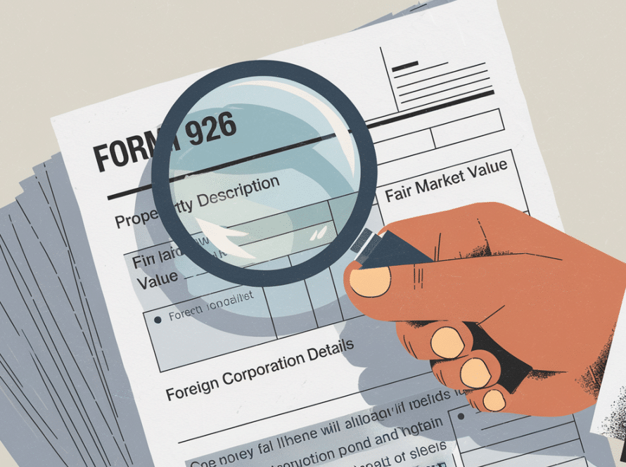A hand holding a magnifying glass over Form 926.