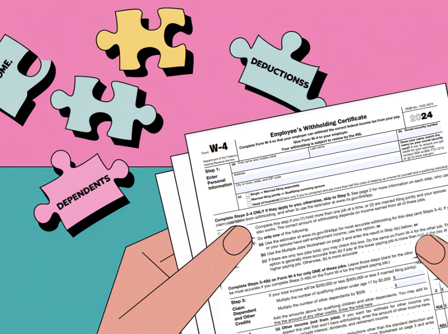 A hand holding a W-4 tax form surrounded by puzzle pieces representing life events.