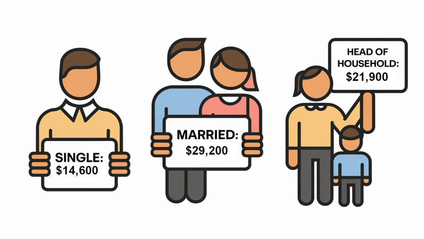 Three figures representing different filing statuses, each holding a sign with the standard deduction amount.