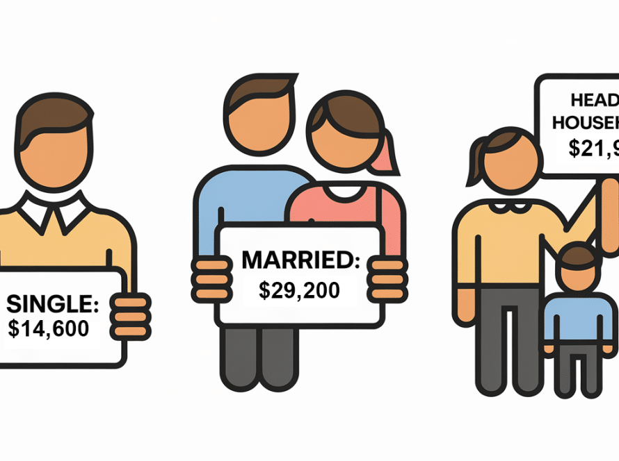 Three figures representing different filing statuses, each holding a sign with the standard deduction amount.