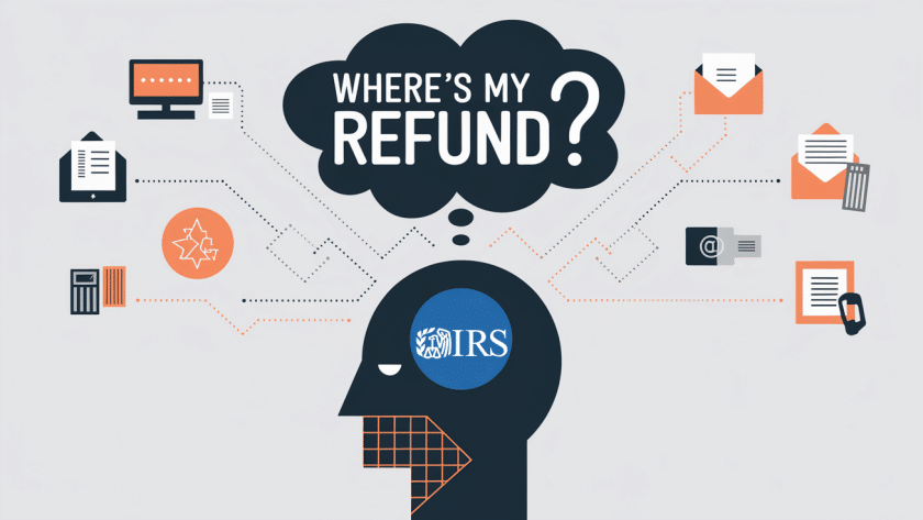 Geometric line art of a person thinking about their tax refund.