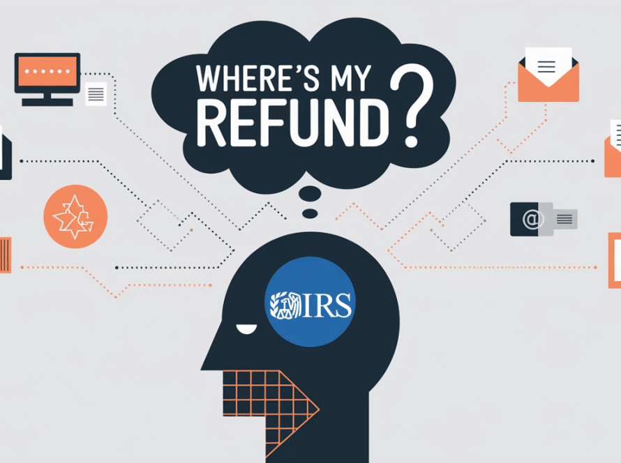 Geometric line art of a person thinking about their tax refund.