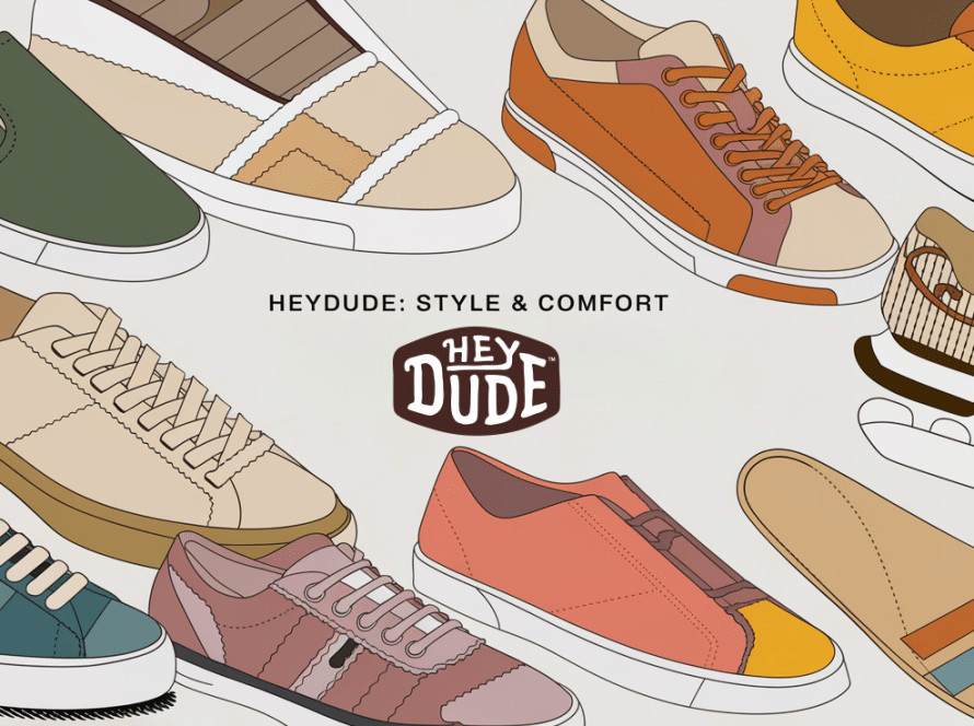 Line art illustration of various HEYDUDE shoes showcasing product diversity