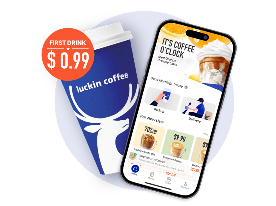 An smartphone with the Luckin Coffee app interface.