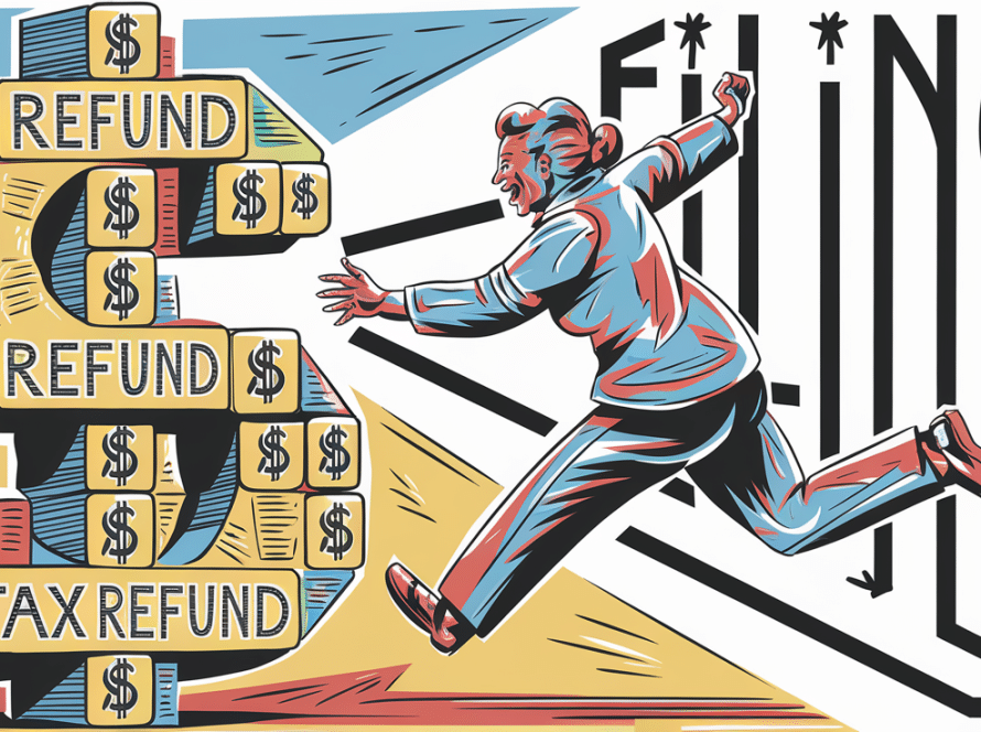 Block illustration of a person joyfully jumping towards a large dollar sign representing a tax refund.