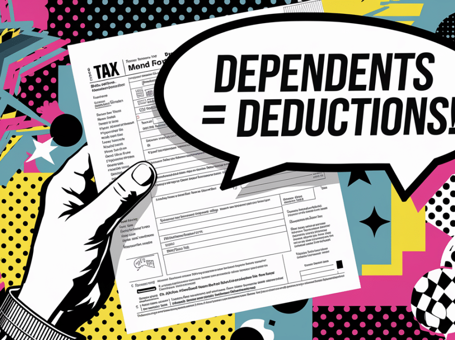 Pop Art illustration of a hand holding a tax form with a speech bubble emphasizing the connection between dependents and deductions.