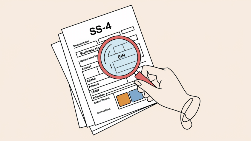 Line art drawing of a hand holding a magnifying glass over a form.