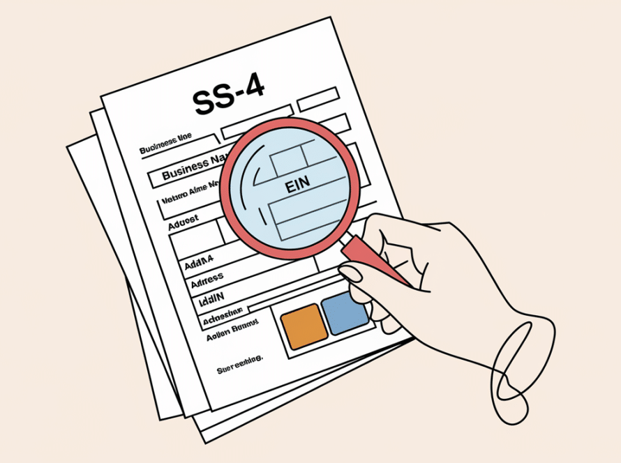 Line art drawing of a hand holding a magnifying glass over a form.