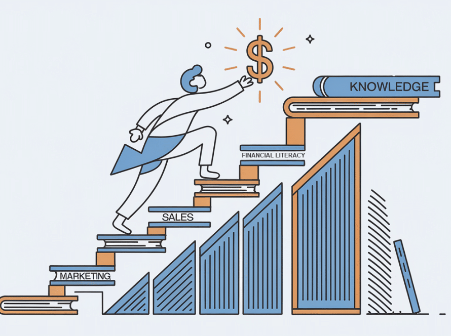 Line art drawing of a person climbing stairs of books towards a dollar sign.