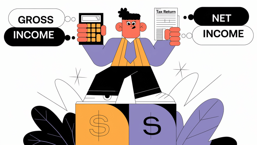 A person calculating their income on top of a dollar sign.