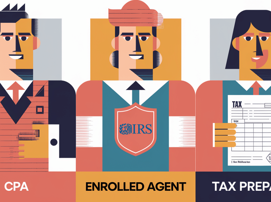 A vector graphic illustrating the differences between a CPA, Enrolled Agent, and Tax Preparer.