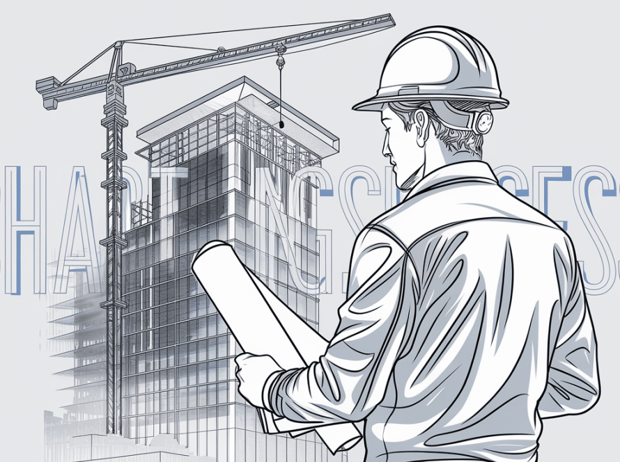Line art of a construction worker with blueprint in front of a skyscraper.