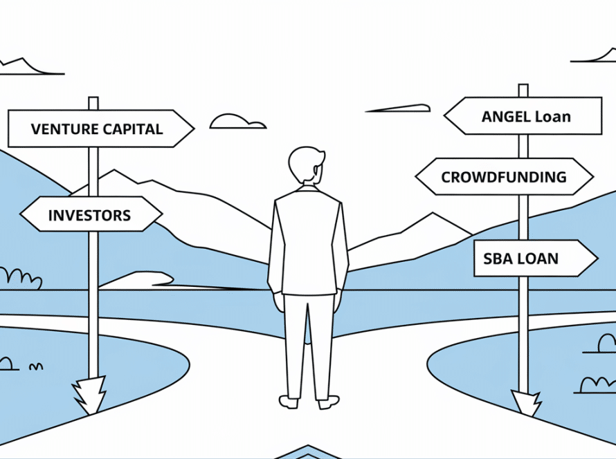 Line art person at a crossroads with different investor options.