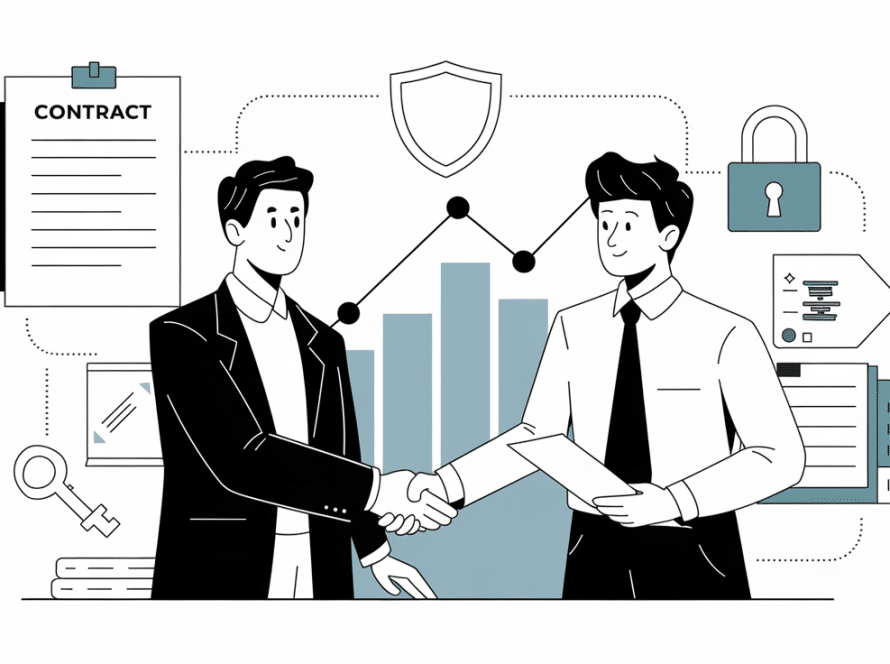 Vector line art of a business owner and bookkeeper shaking hands