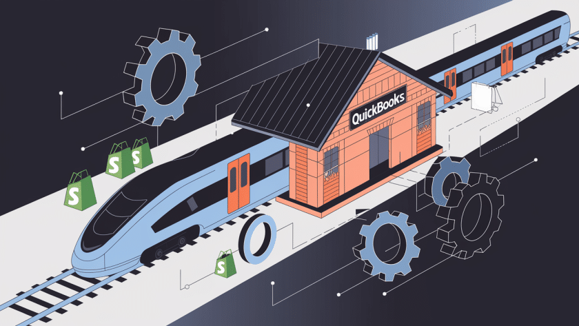A stylized train labeled "Shopify" connecting to a station labeled "QuickBooks."