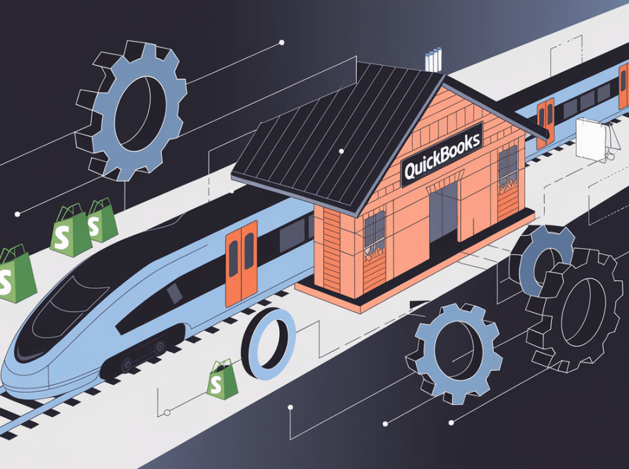 A stylized train labeled "Shopify" connecting to a station labeled "QuickBooks."