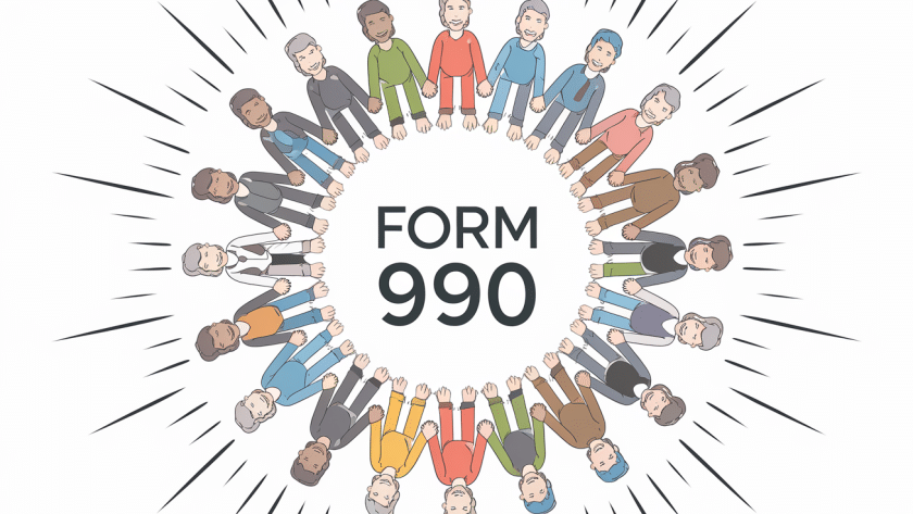 Vector line art of people around Form 990 with radiating light.