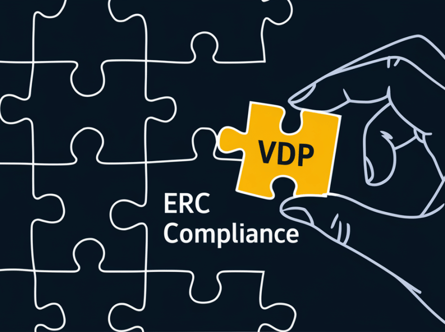 A hand placing a "VDP" puzzle piece into an "ERC Compliance" puzzle