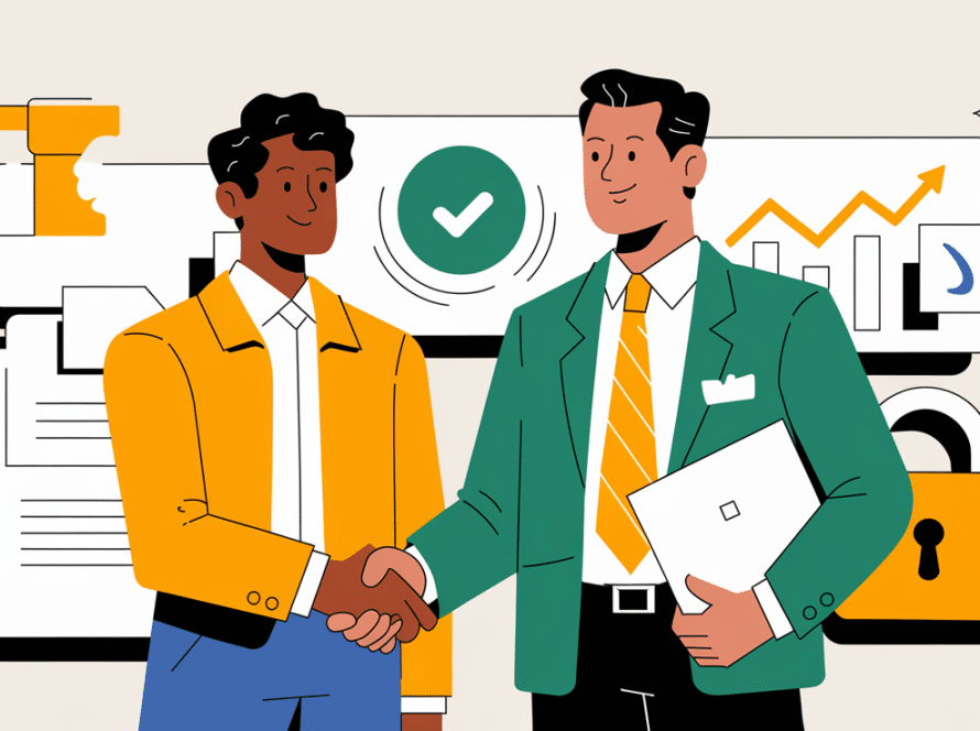 A taxpayer and a CPA shaking hands with positive symbols in the background.