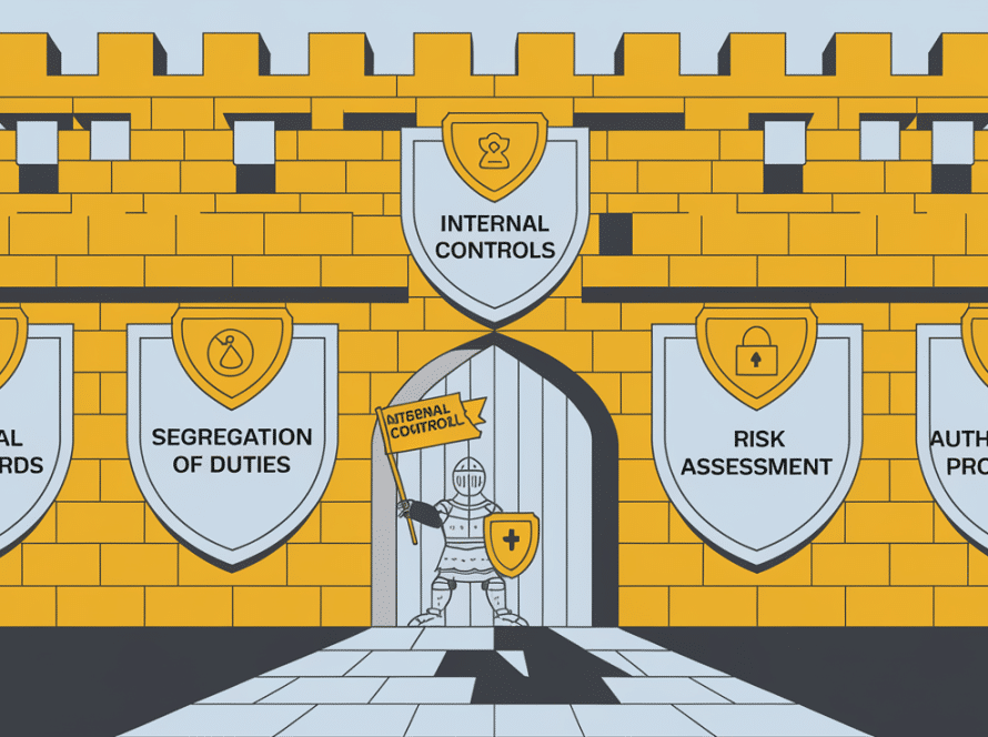 A block illustration of a castle protected by shields labeled with internal control components.