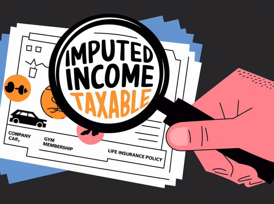 Block illustration of a magnifying glass revealing hidden figures in a paycheck, representing imputed income.