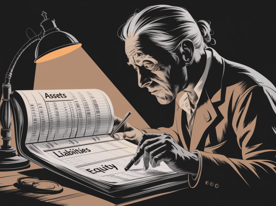 Charcoal illustration of an accountant reviewing a ledger filled with debits and credits.
