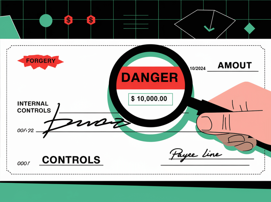 Block illustration of a hand with a magnifying glass inspecting a check for signs of fraud.