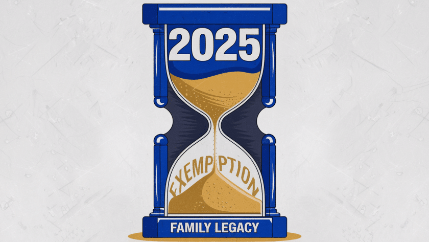 Block illustration of an hourglass with diminishing sand, symbolizing the decreasing estate tax exemption.