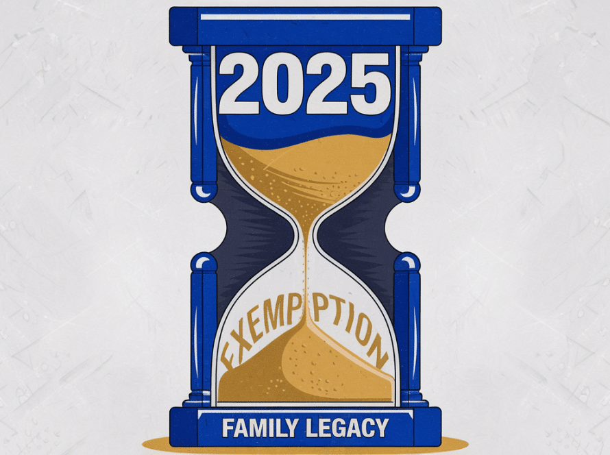 Block illustration of an hourglass with diminishing sand, symbolizing the decreasing estate tax exemption.