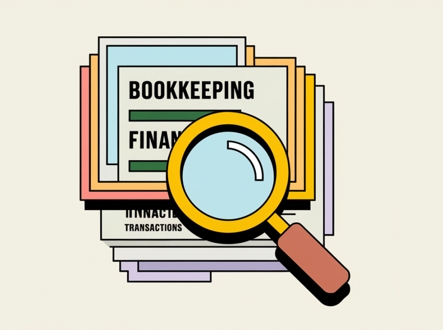 A magnifying glass inspecting organized financial documents.