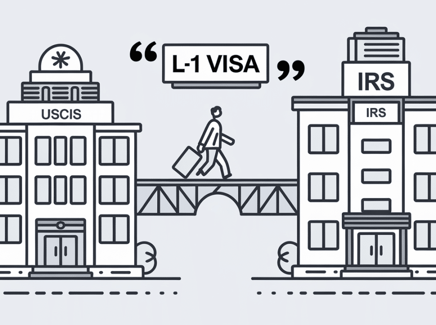 Line art of two office buildings connected by a bridge with a person walking towards the U.S. office labeled 'L-1 Visa