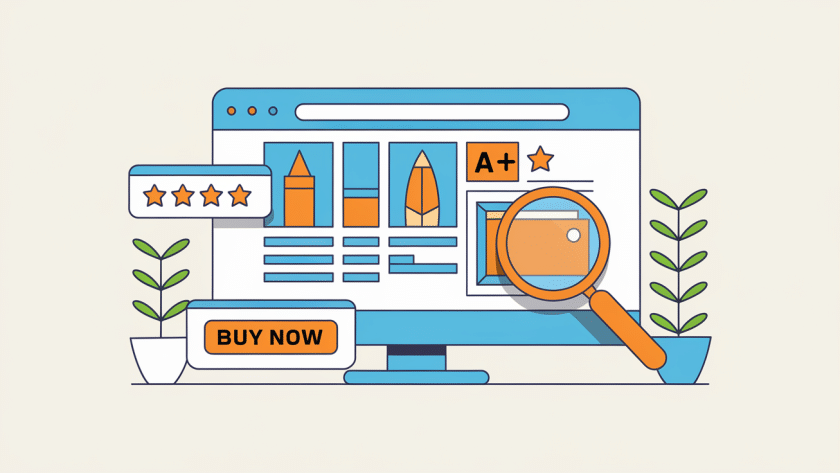 Line art of an optimized Amazon product listing with images, bullet points, A+ content, and 5-star rating