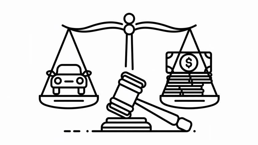 Scales balanced with a car on one side and money on the other, with a gavel in the center.