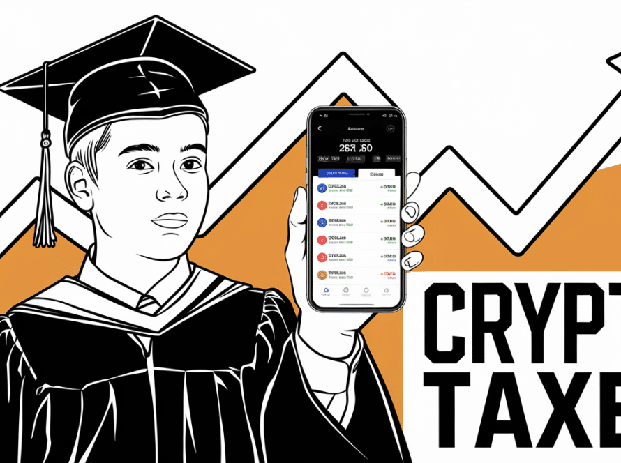 Line art drawing of a teen in graduation attire holding a phone with a crypto app and an upward-trending graph.