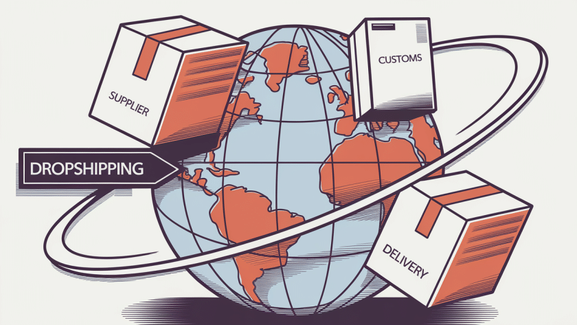 A globe with packages orbiting it, labeled with steps in the import process.