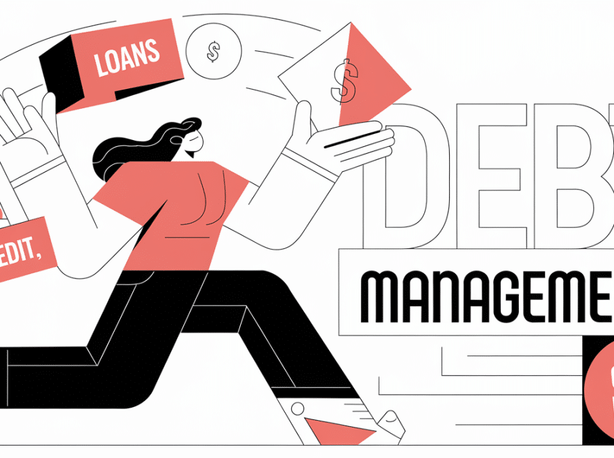 A graphic illustration of a person juggling financial elements.