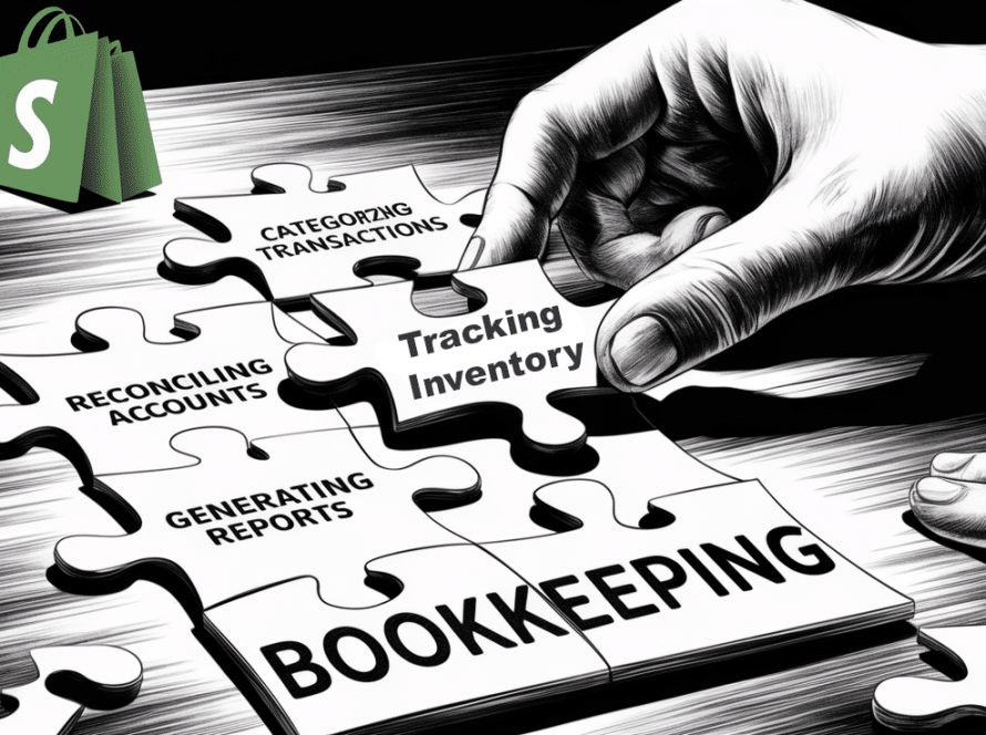 Charcoal illustration of a hand assembling puzzle pieces representing key bookkeeping tasks for Shopify.